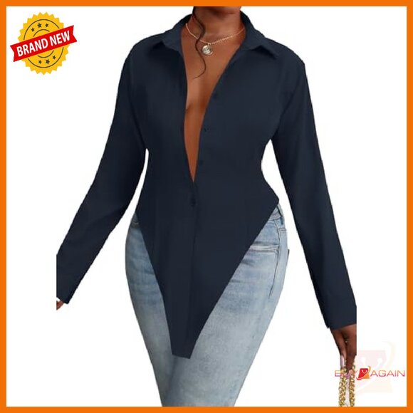 Long Sleeve V Neck Button Down Tunic Top with Slit Hem - Picture 2 of 8